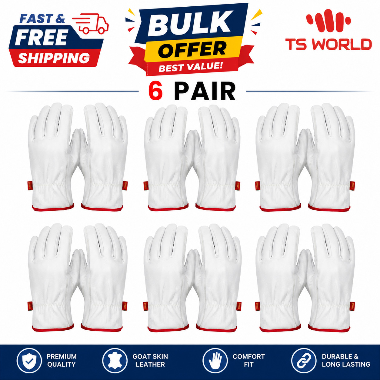 6 Pairs Genuine Goatskin Safety Gloves Durable, Comfortable & Versatile Work