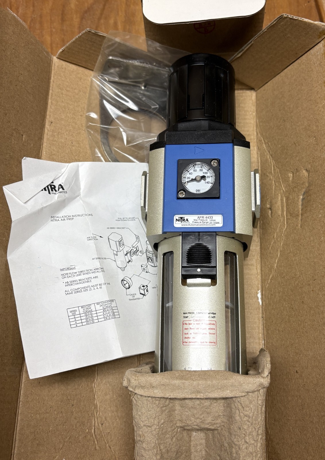 New open box Nitra AFR-4433 Filter Regulator 1/2 “ NPT, Semi-Auto Drain (D31)
