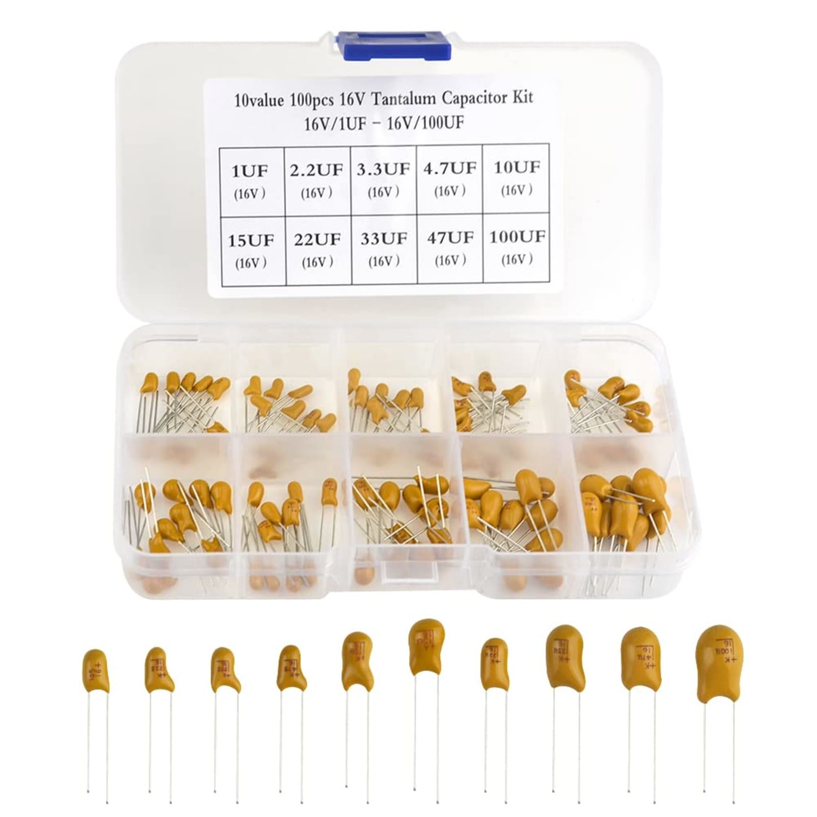 100pcs 16V Tantalum Capacitor Assortment Kit 10 Values 1uF-100uF Storage Box