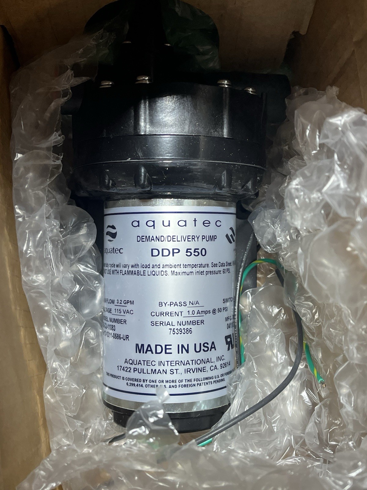 Wassenburg Custom Ultrasonics 11083 Purge Pump 3.2 GPM Aquatec DDP 550 NEW