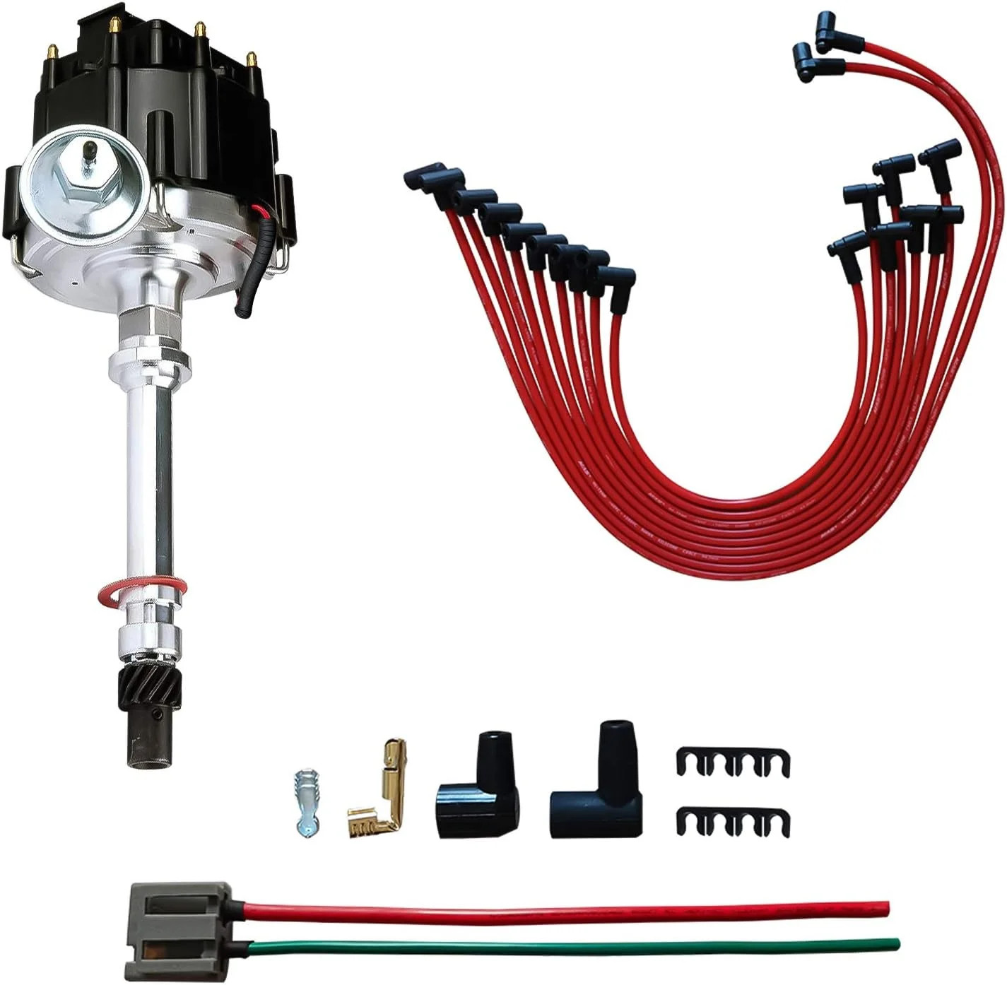 Performance HEI Distributor & Spark Plug Wires & Free Pigtail Wire Harness Combo