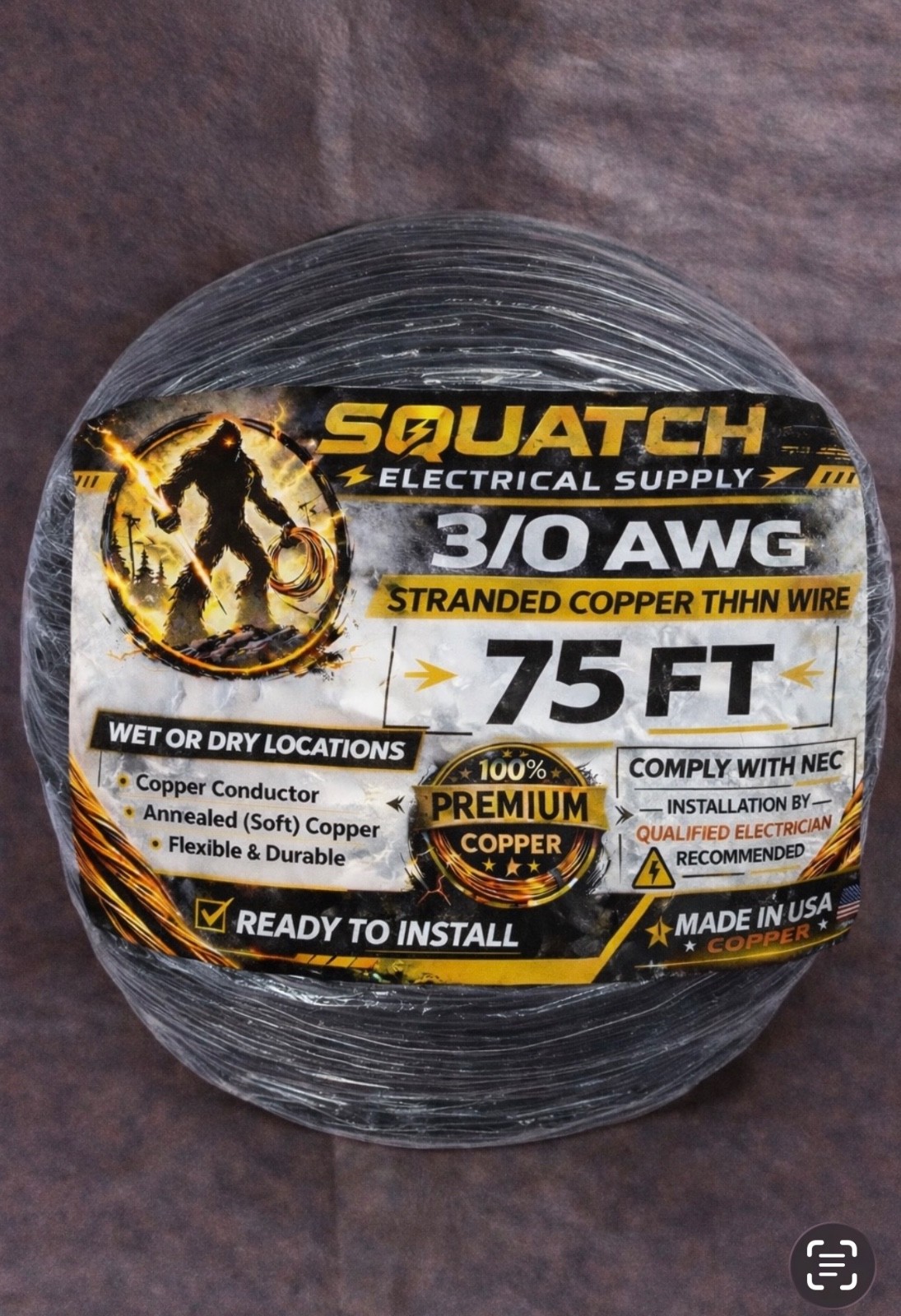 3/0 AWG, 75 ft THHN, PRIORITY SHIPPING, Stranded Copper Building Wire 600V Black