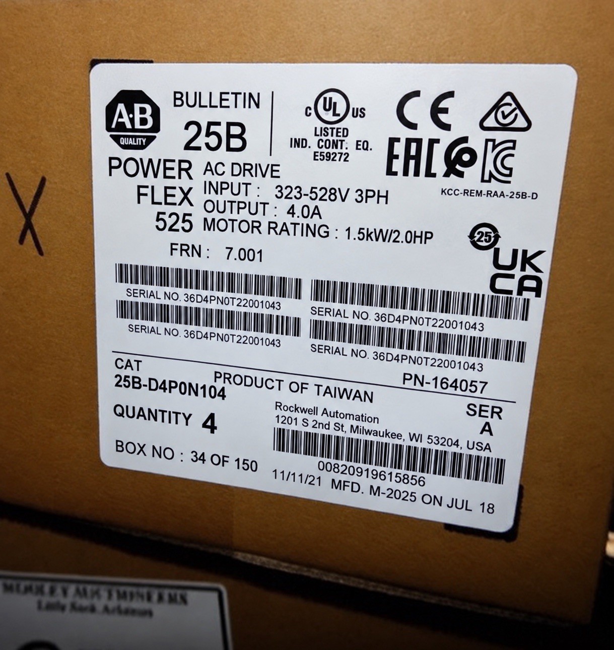 25B-D4P0N104/A NEW PowerFlex 525 1.5kW 2Hp AC Drive 25BD4P0N104