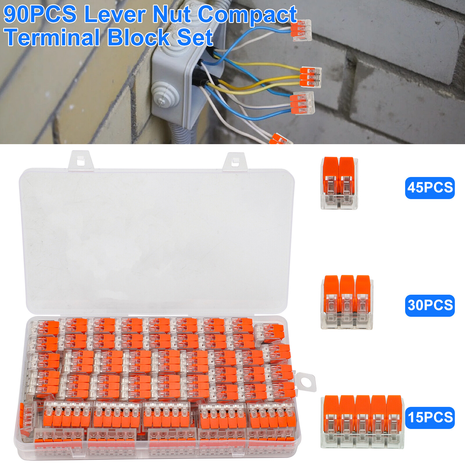 90Pcs For Wago 221 Lever Nuts Compact Splicing Wire Connectors 2/3/5 Terminal US 90Pcs For Wago 221 Lever Nuts Compact Splicing Wire Connectors 2/3/5 Terminal US