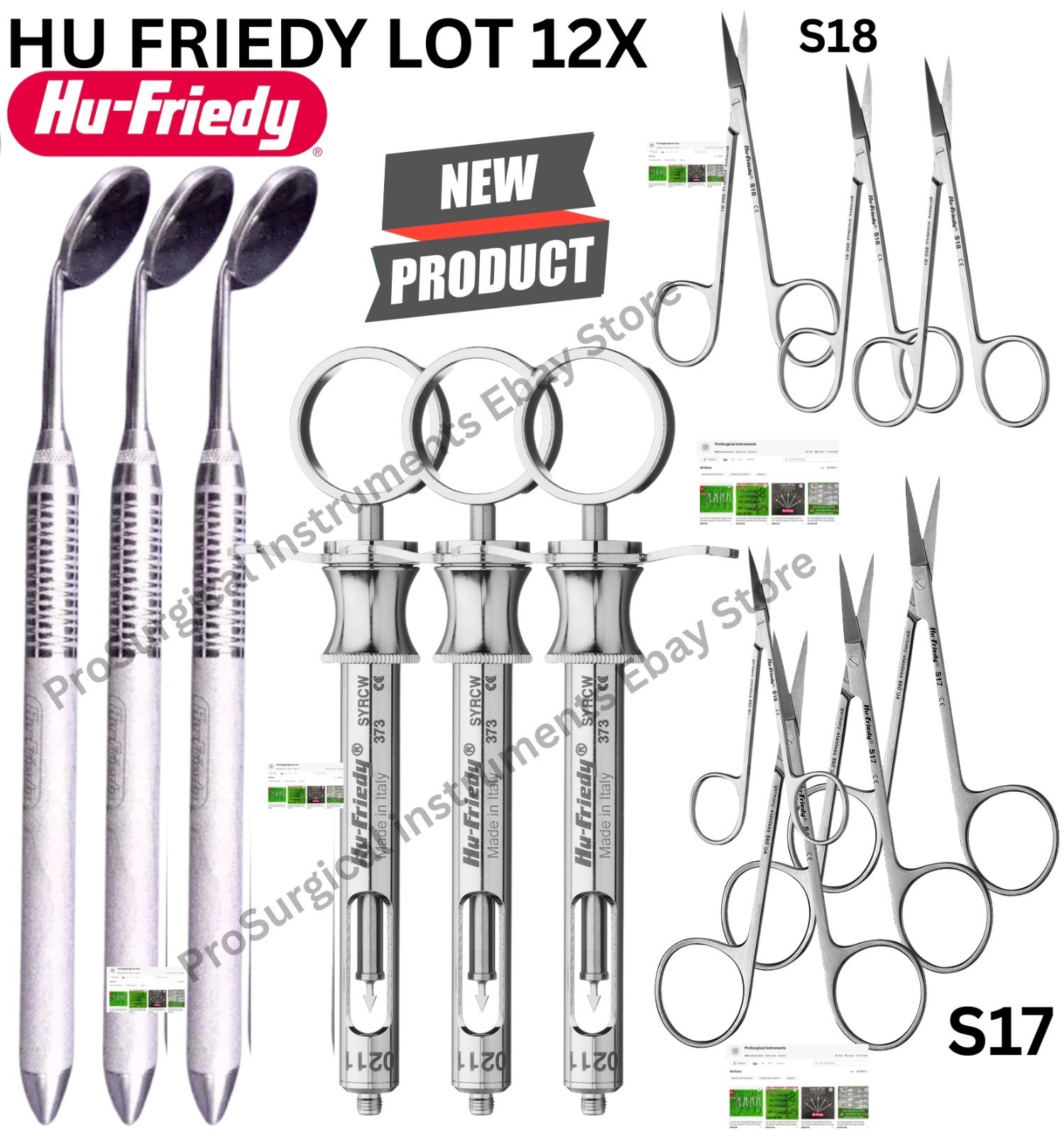 Lot of 12 Pcs Hu Friedy Dental Instruments Syringes Mouth Mirrors S17 Scissors