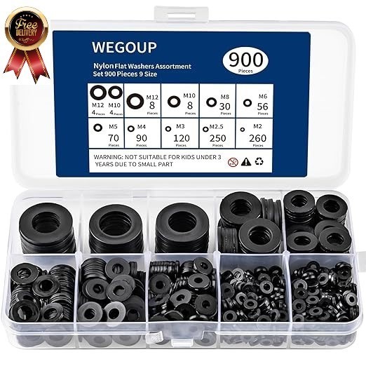 900-Piece Nylon Flat Washer Assortment Kit Black Plastic Flat Washers for Bolts