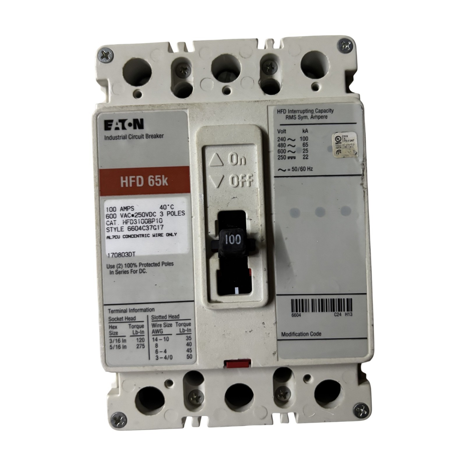 Eaton HFD3100BP10 100A 3-Pole 600V Industrial Circuit Breaker HFD 65k