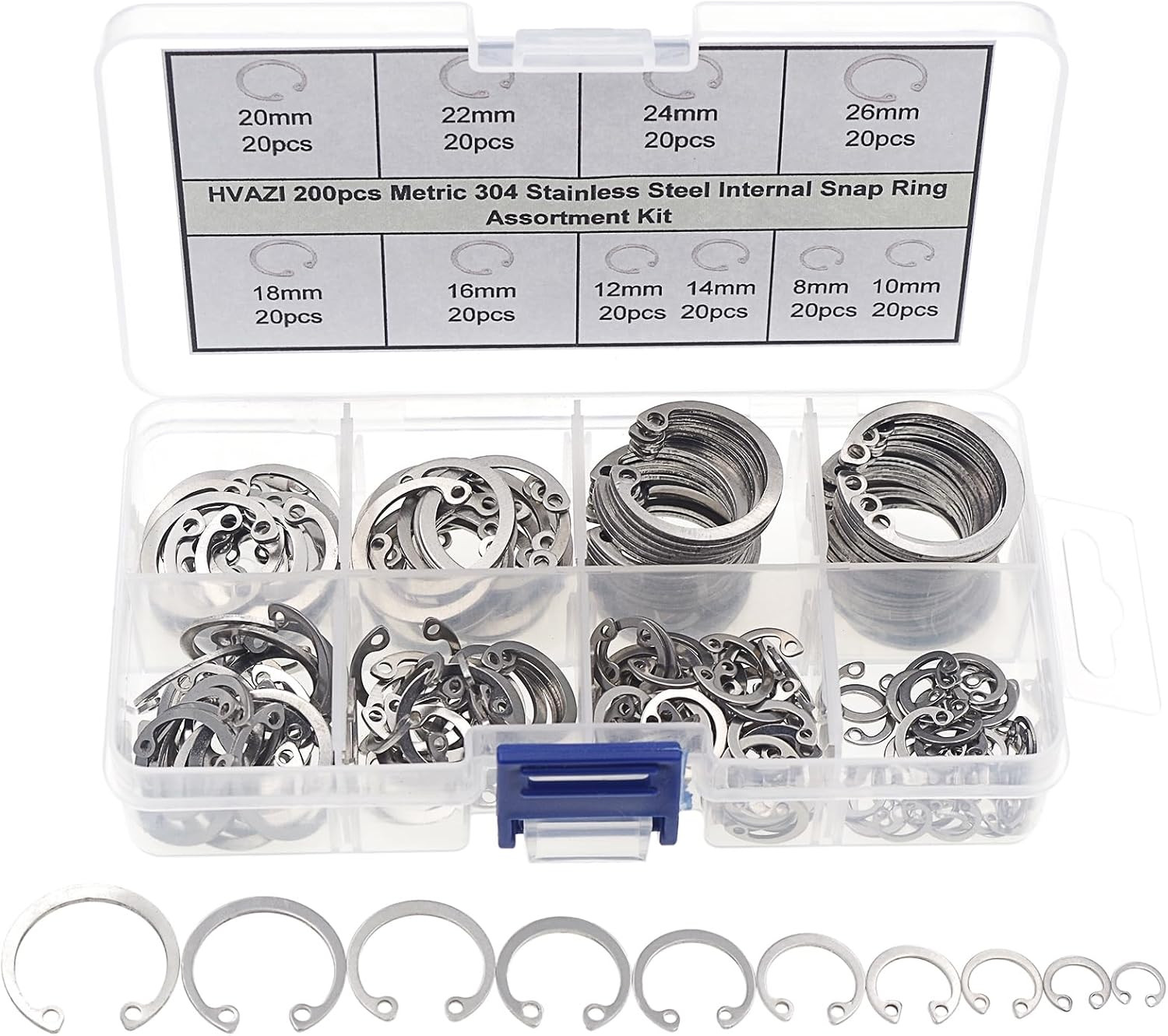 200Pcs Metric 304 Stainless Steel Internal Snap Ring Assortment Kit 10 Ki