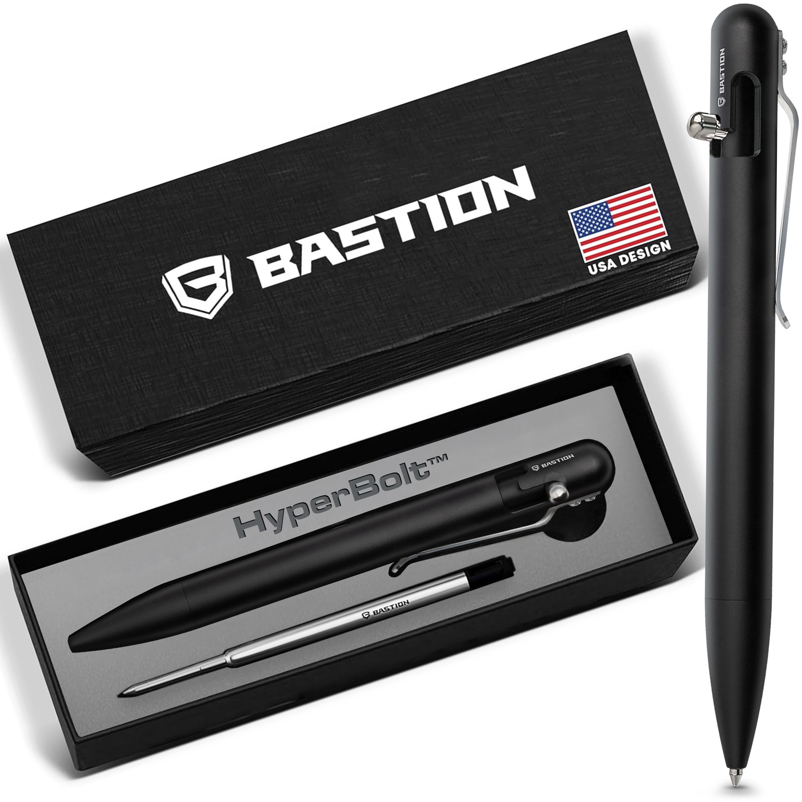 BASTION Aluminum Jet Black Bolt Action Ink Pen | EDC Pocket Mens Gift Metal
