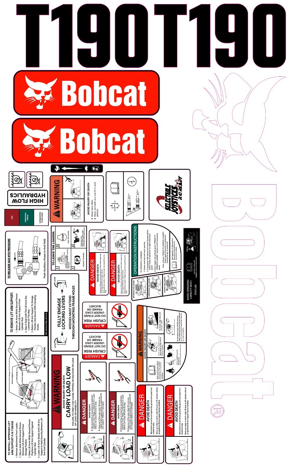 Fits Bobcat T190 Decal Kit Skid Steer / safety decals 3M VINYL / 