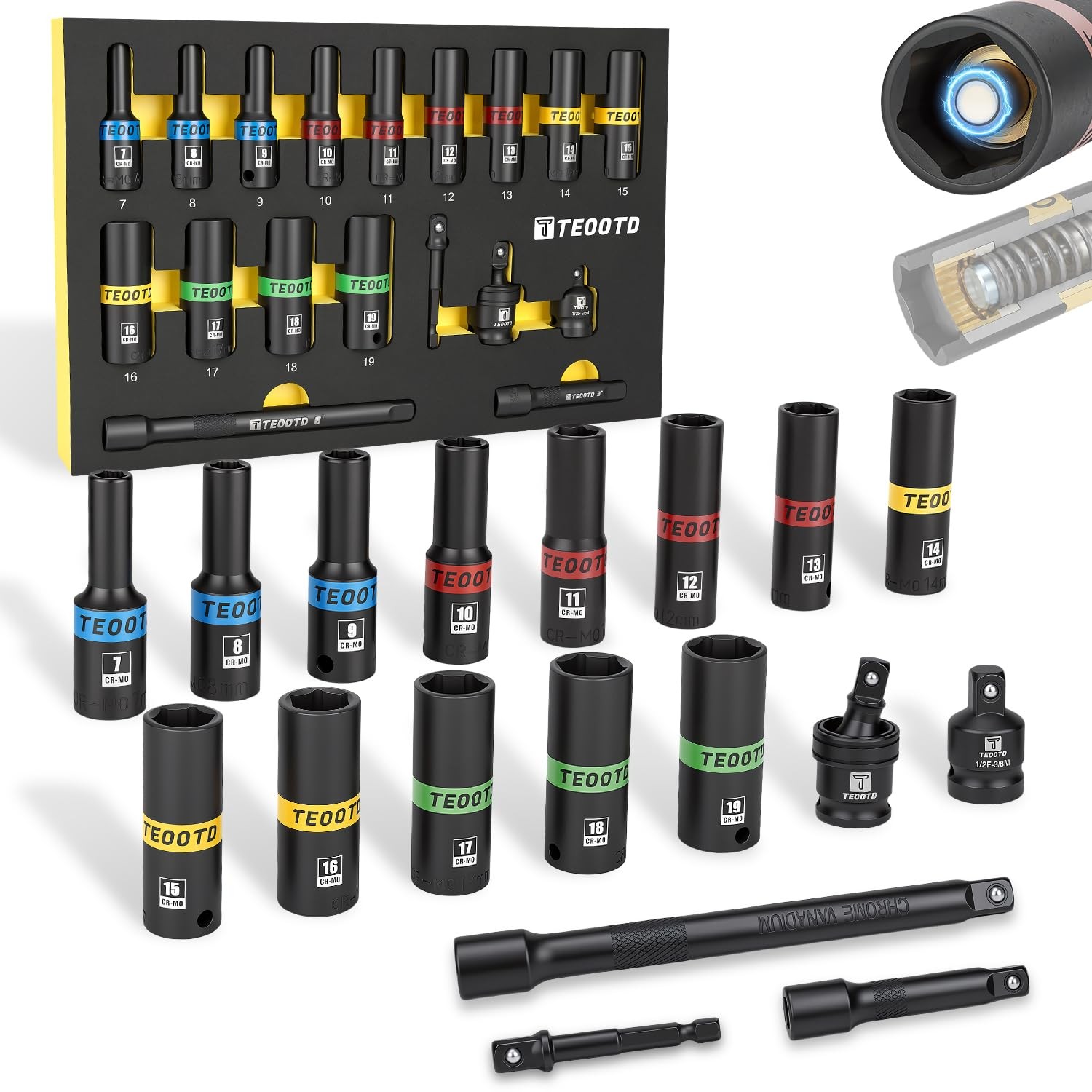 18pc Deep 3/8 Inch Drive Magnetic Impact Socket Set Magnetic Sockets