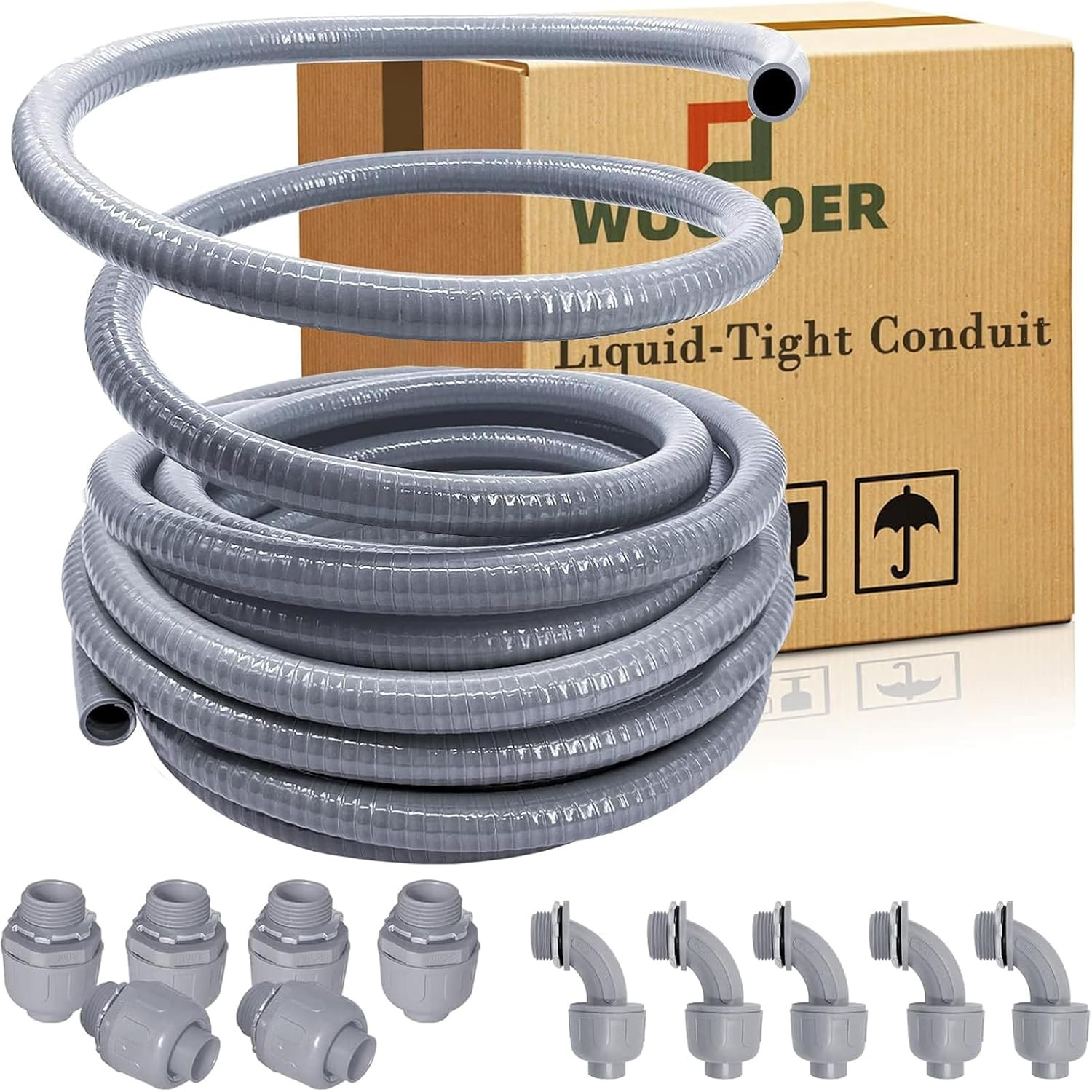 1/2in 100FT Liquid Tight Conduit Kit Flexible Nonmetallic 11 Fittings