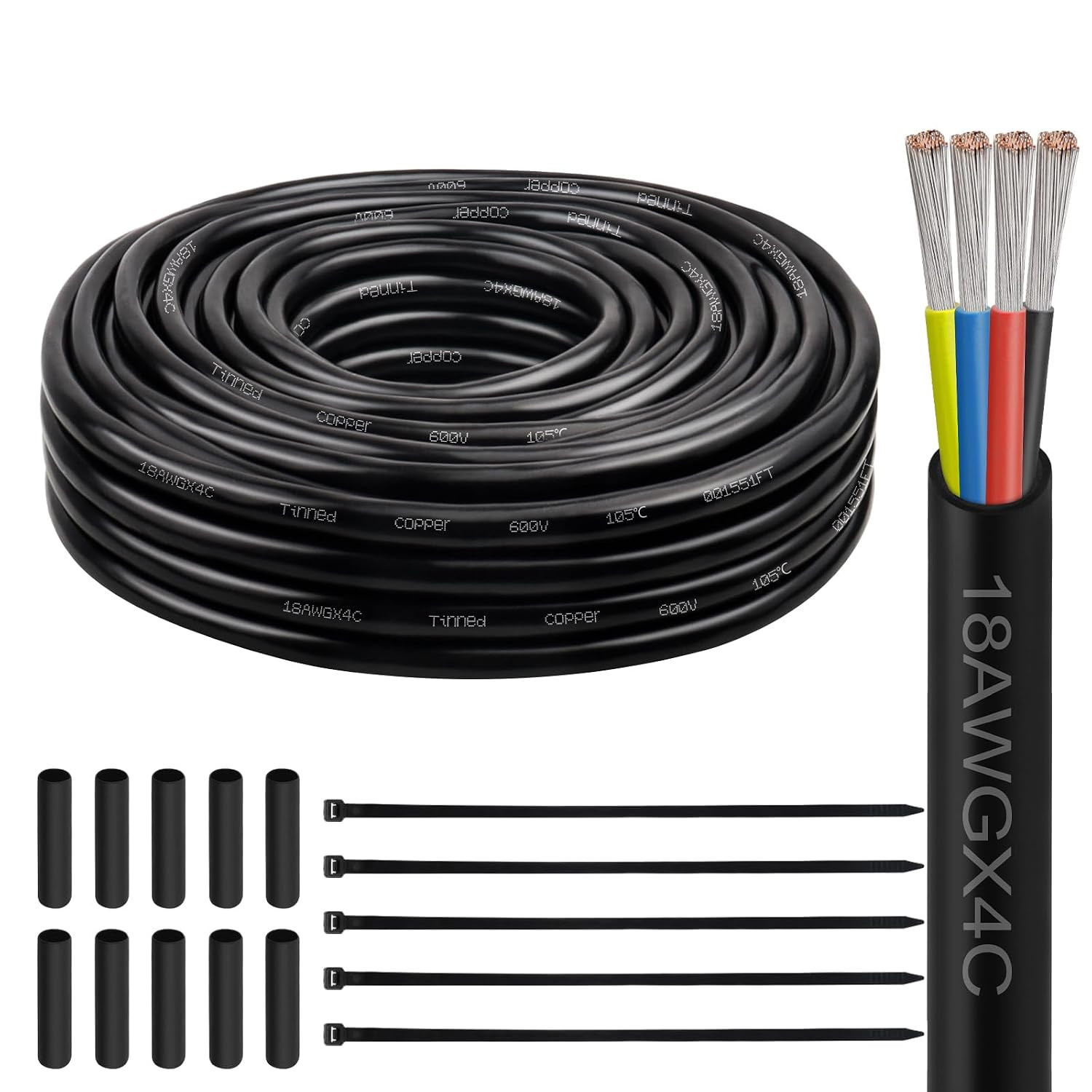 18 Gauge 4 Conductor Electrical Wire, 18 AWG Tinned Copper Stranded PVC Cable
