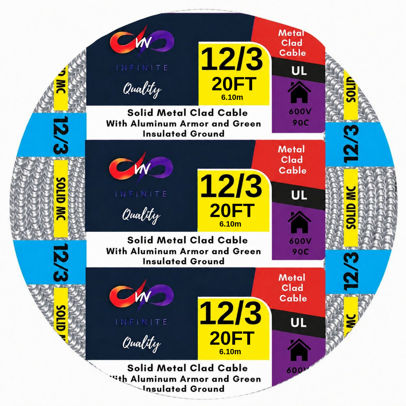 12/3 MC Alum Cable 12-Gauge 3-Conductor Type MC Ground for Indoor Outdoor 20Ft