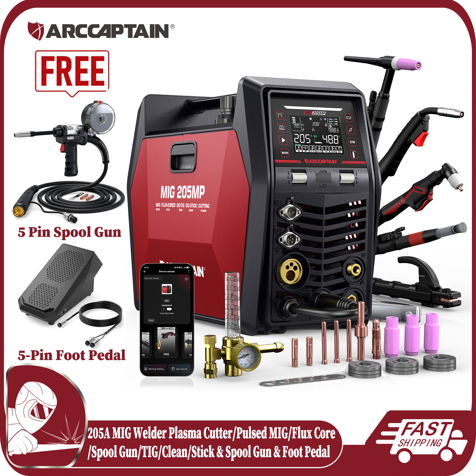 ARCCAPTAIN MIG205MP Pulse MIG Welder with Plasma Cutter Aluminum 9 IN 1 120/240V