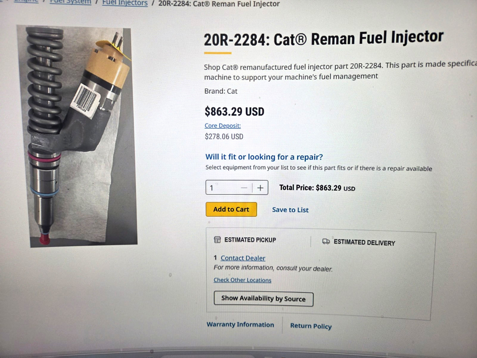 Cat 20R-2284 Fuel Injector INJ GP FUEL