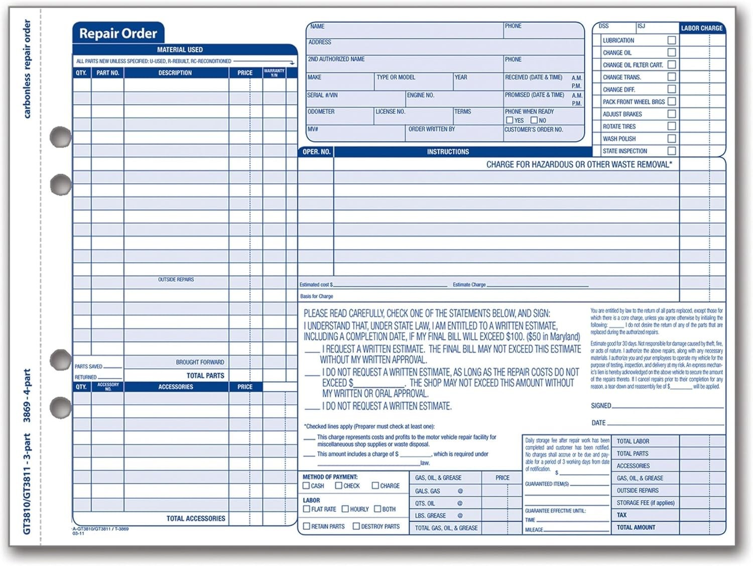 Adams GT3810 Garage Repair Order Forms 3-Part Carbonless 50 Sets 8.5x11