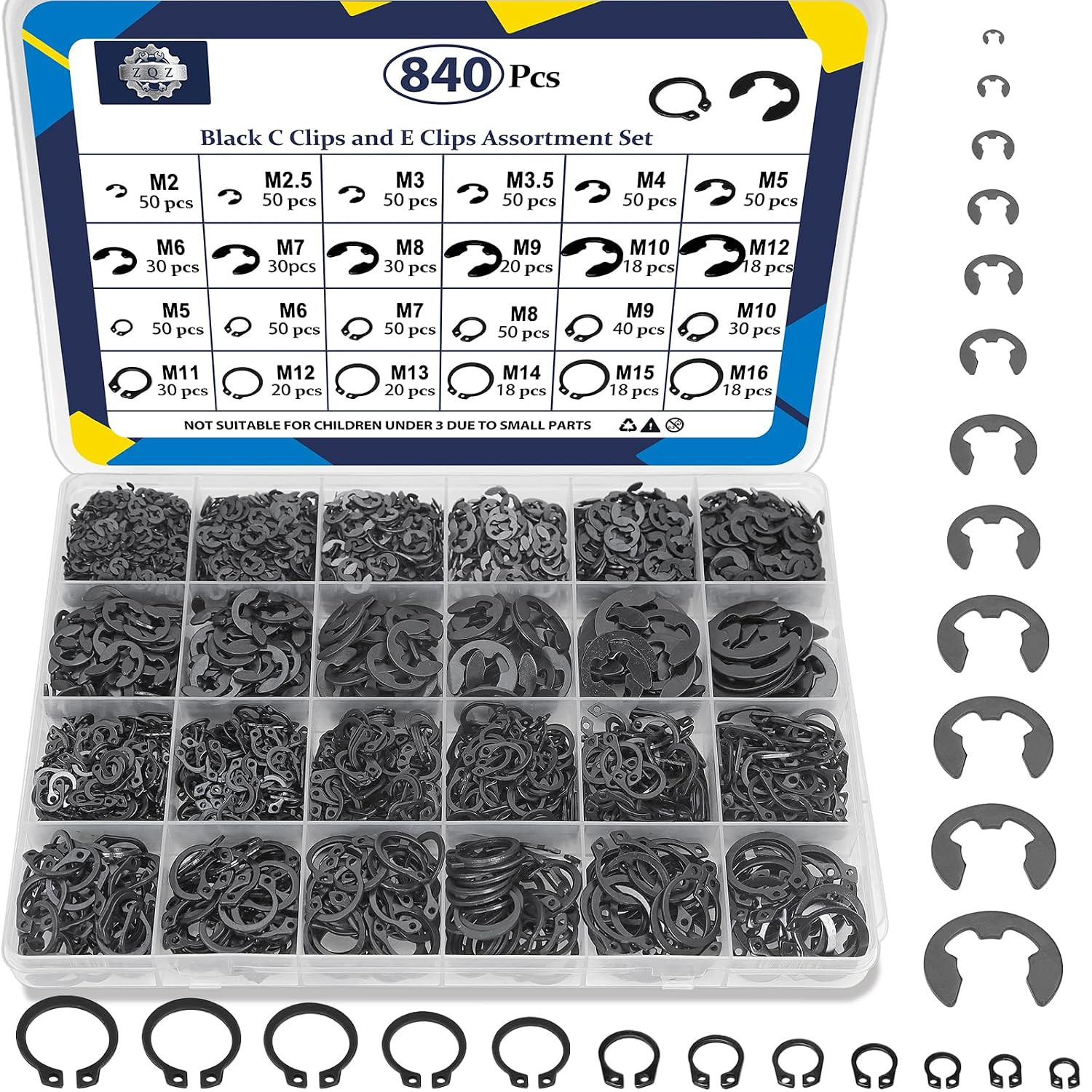 840Pcs C Clips and E Clips Assortment Kit, External Retaining Rings Set