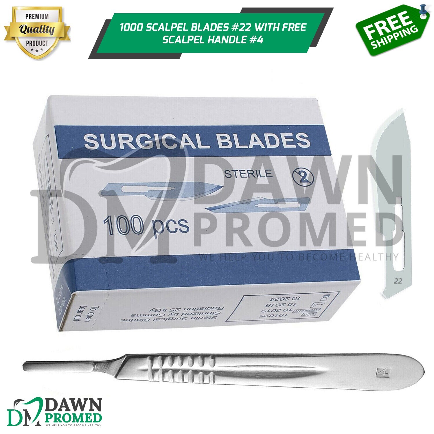 1000 Sterile Surgical Blades #22 with BP Scalpel Handle #4 Medical ENT Dental
