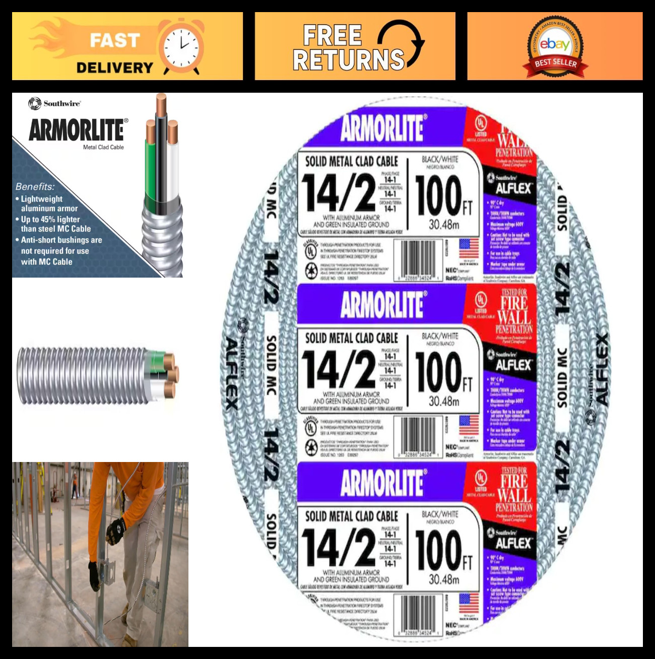 100ft 14/2 MC Cable - Solid Copper THHN/THWN, Armorlite Aluminum Metal-Clad, Gro