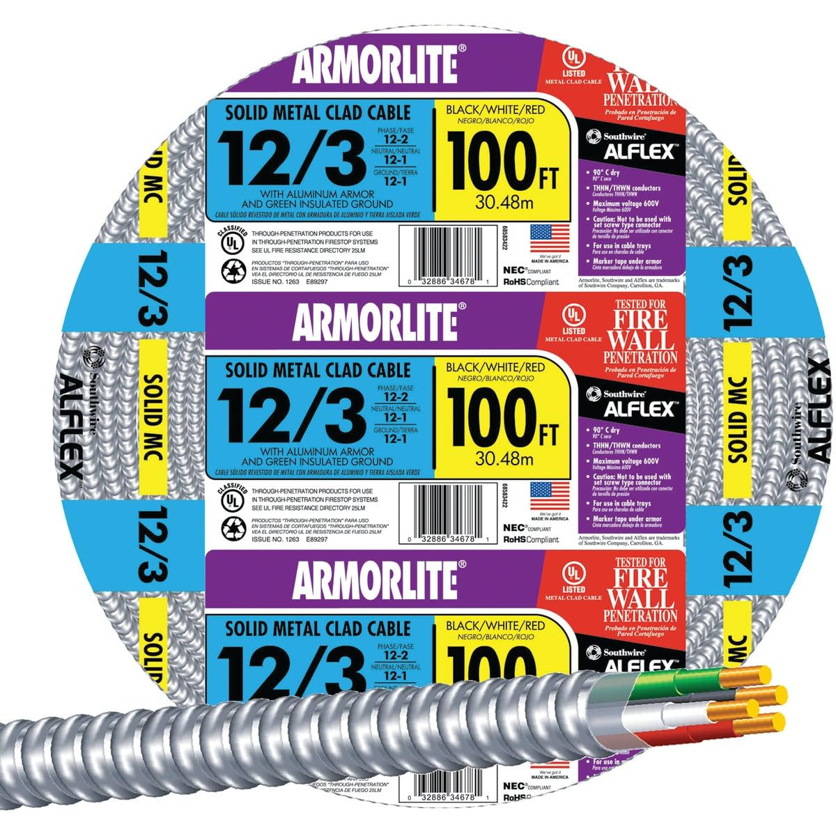 Southwire Armorlite Metal Clad Cable 12 Gauge 3 Conductor, Solid, 100Ft