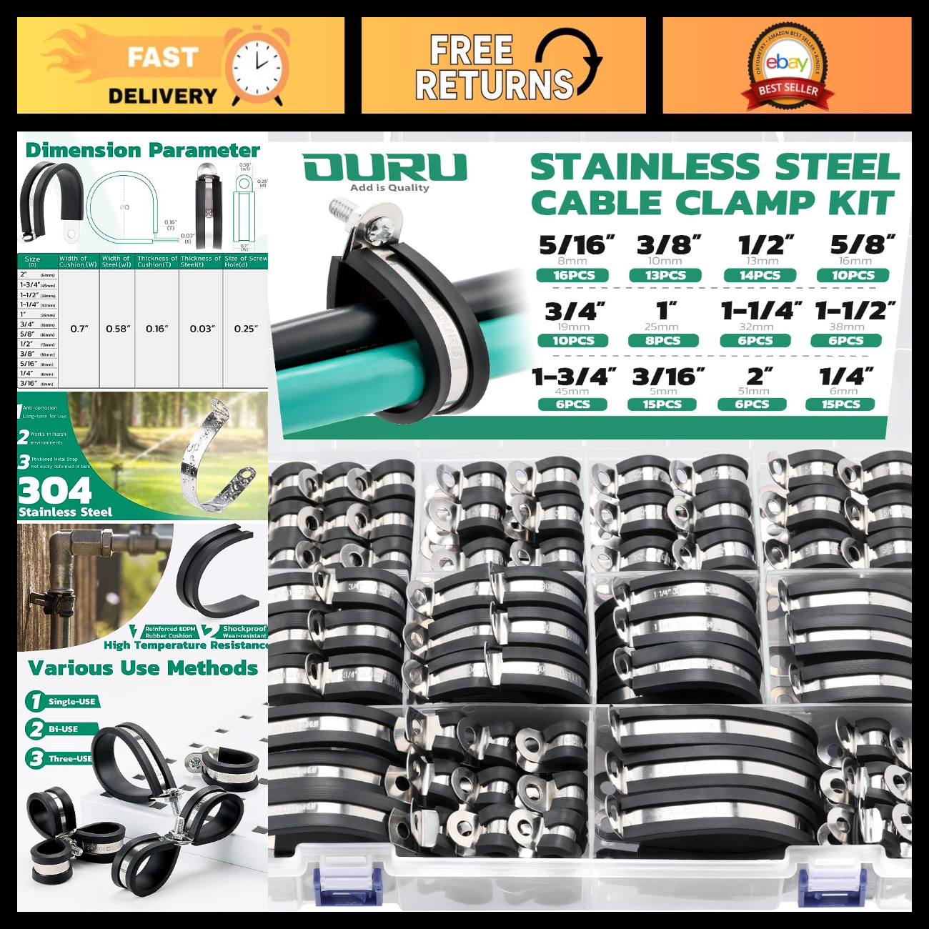 125PCS Rubber Coated Cable Clamps Assortment Kit, 12 Sizes 1/4\