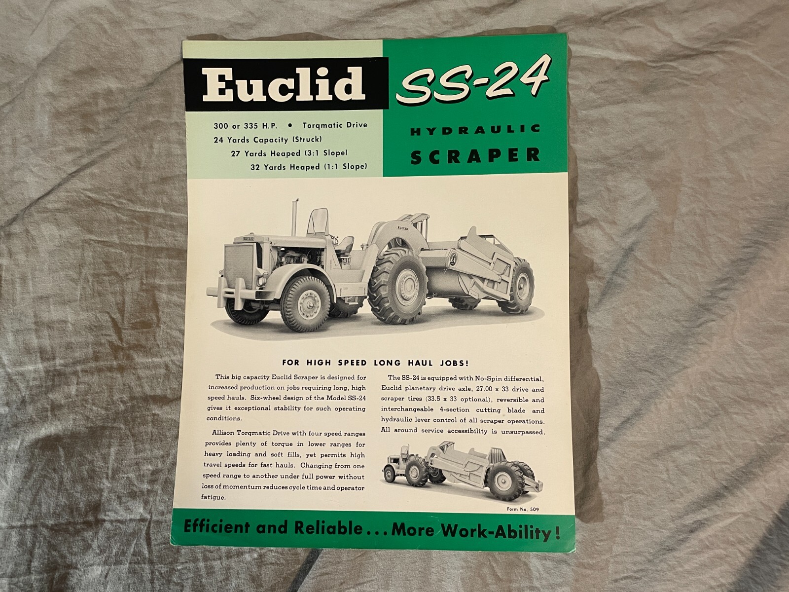 Euclid SS 24 Hydraulic Scraper Brochure Spec Sheet 1950\'s Vintage