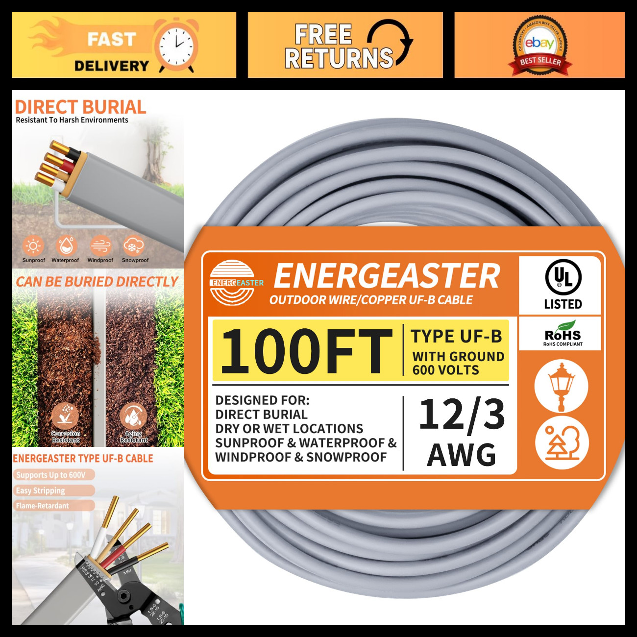 100FT 12/3 UF-B Solid Underground Feeder Direct Burial Electrical Cable