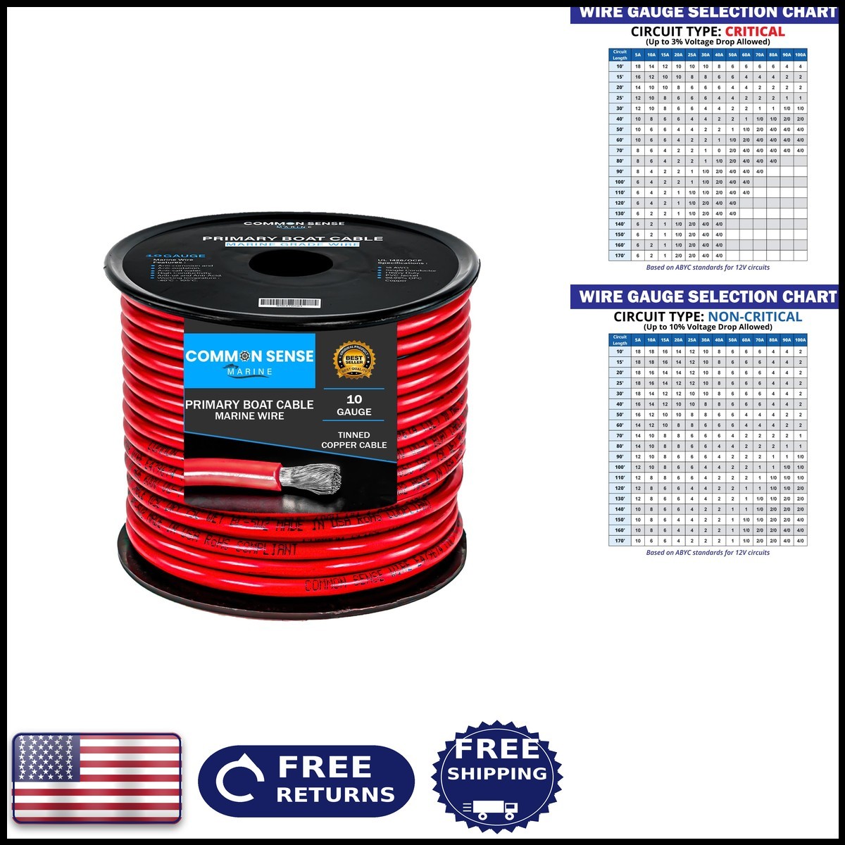 Common Sense Marine 10 Gauge Primary Boat Cable 25 ft Tinned Copper Wire