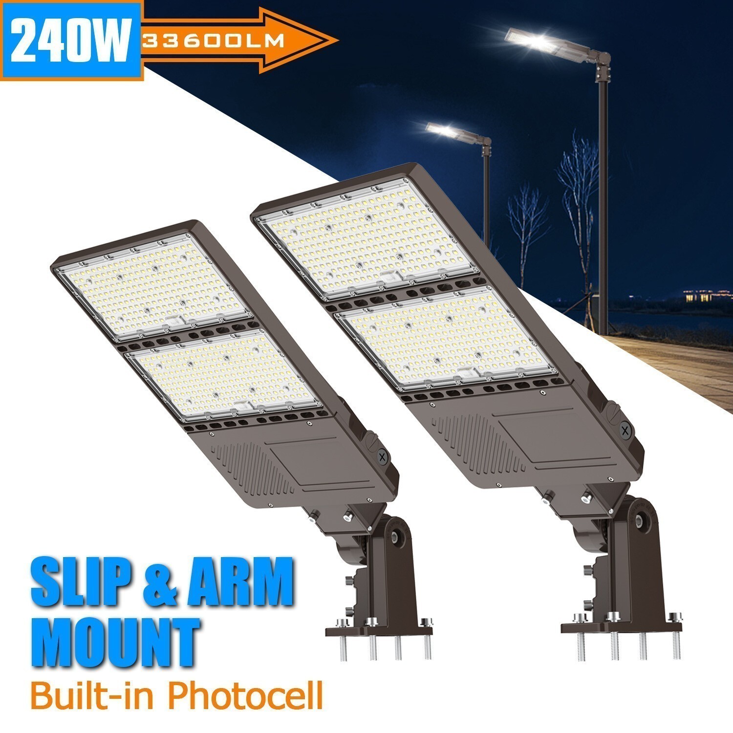 2Pack-Arm&Slip Fitter LED Parking Lot Light 240W 33600LM Street Lights Dusk Dawn