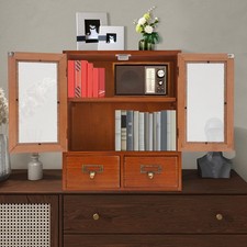 Vintage Tabletop Organizer with 2 Drawers & Glass Door Storage Cabinet Brown picture