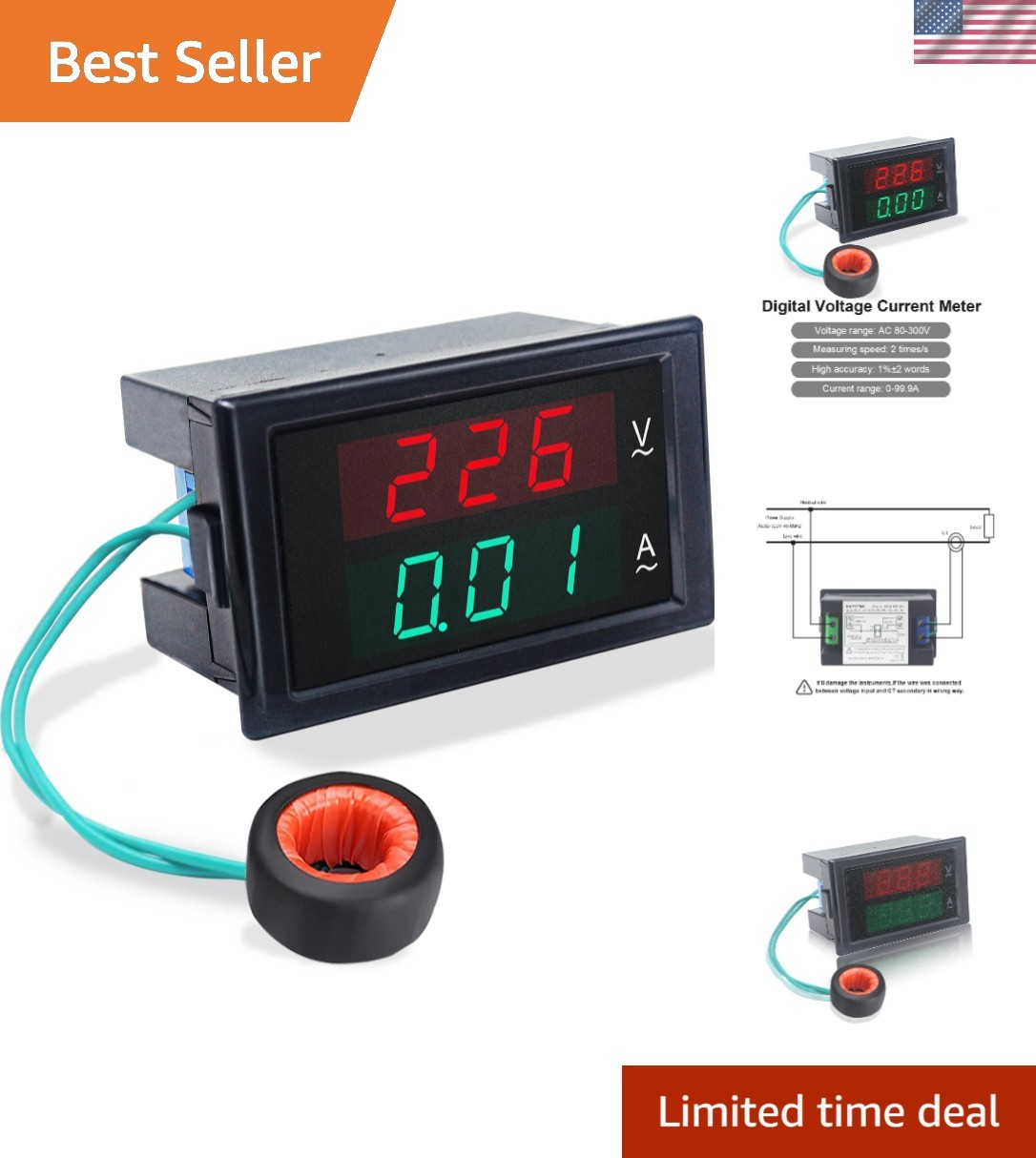 2-in-1 Digital AC Ammeter/Voltmeter with Dual Color LED Display - 80V-300V