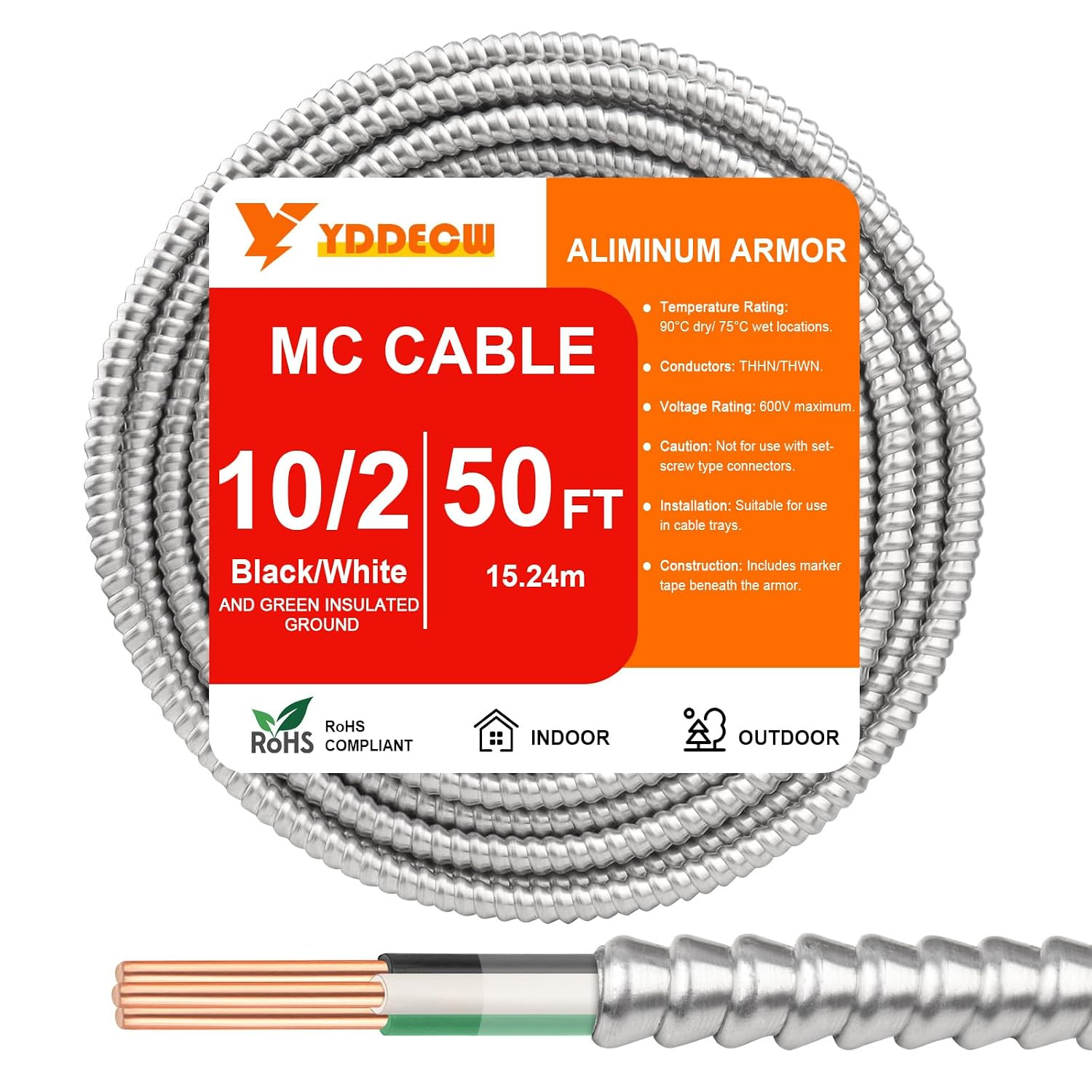 50FT 10/2 Metal Clad (MC) Cable with Ground, 10 Gauge Electric Wire with Aluminu