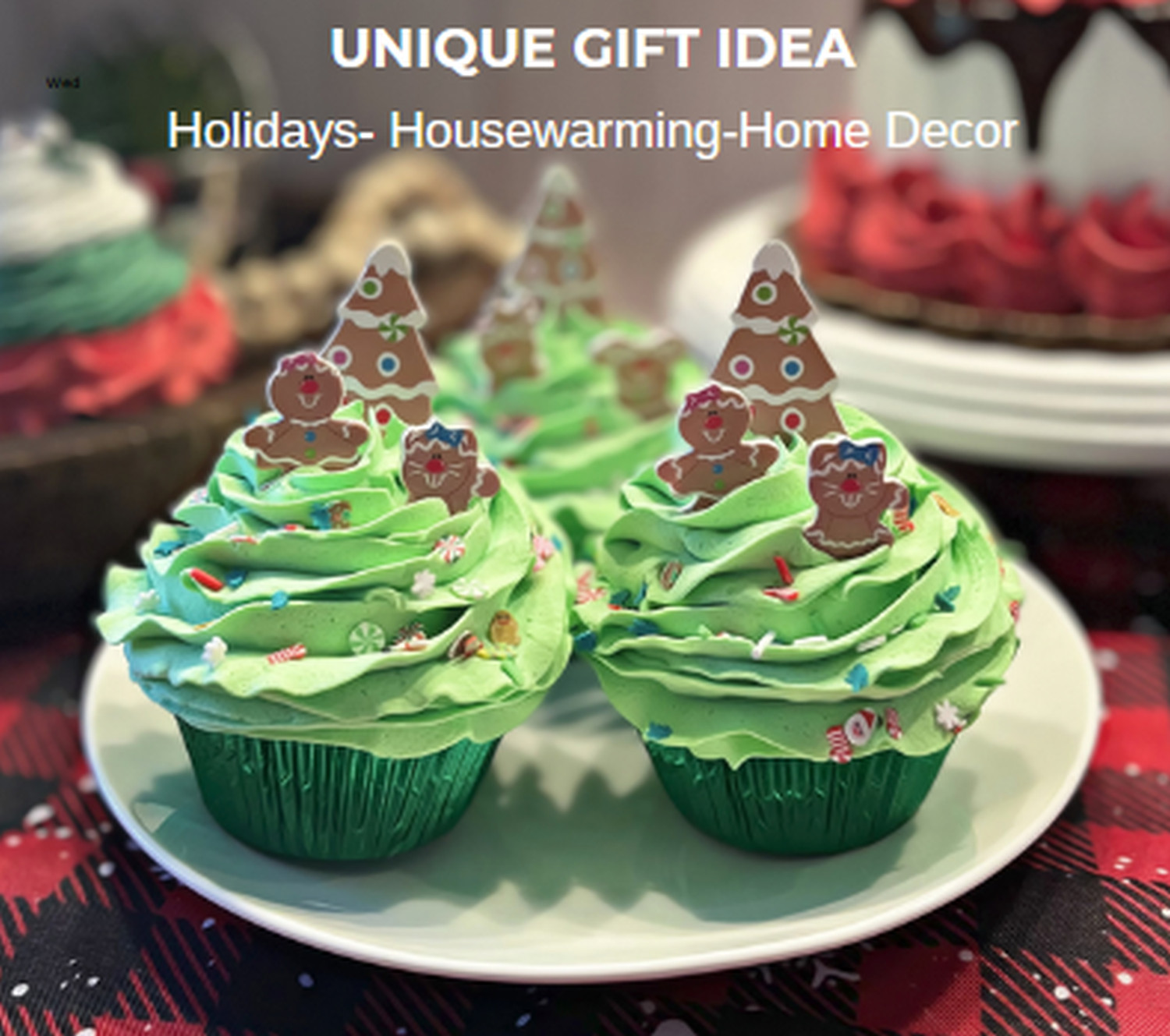 DEZICAKES Fake Green Christmas Gingerbread Pals Cupcakes Set of 3 DEZICAKES Fake Green Christmas Gingerbread Pals Cupcakes Set of 3