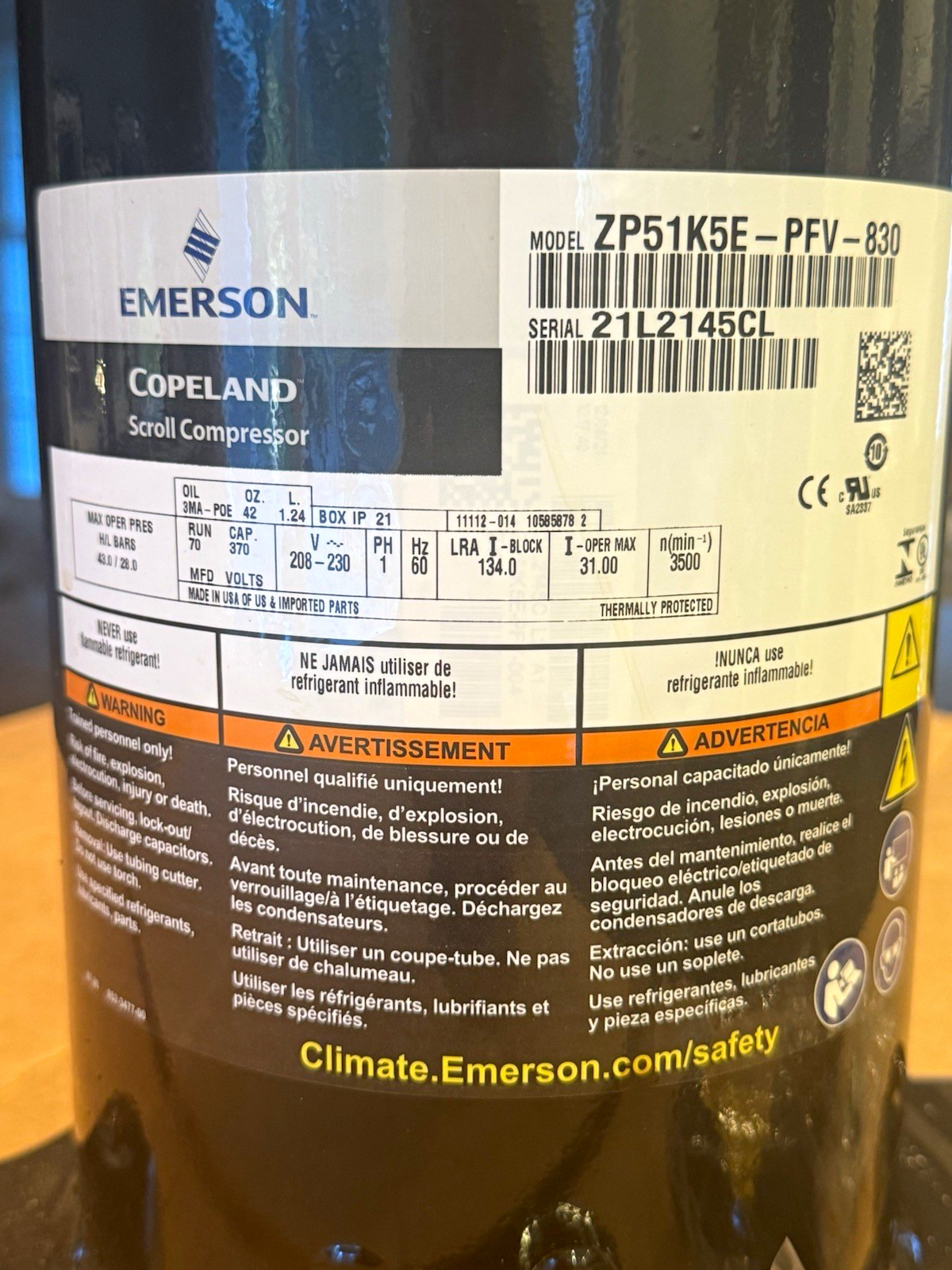 Emerson Copeland Scroll Compressor ZP51K5E-PFV-830 208-230V 1PH R-410A