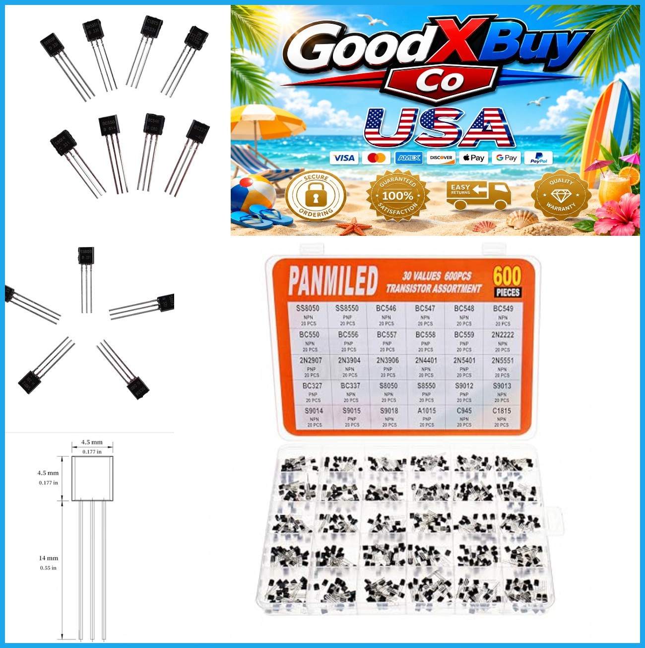 600 Piece Transistor Assortment Kit 30 Values NPN PNP 2N2222 2N3904 2N3906 BC547