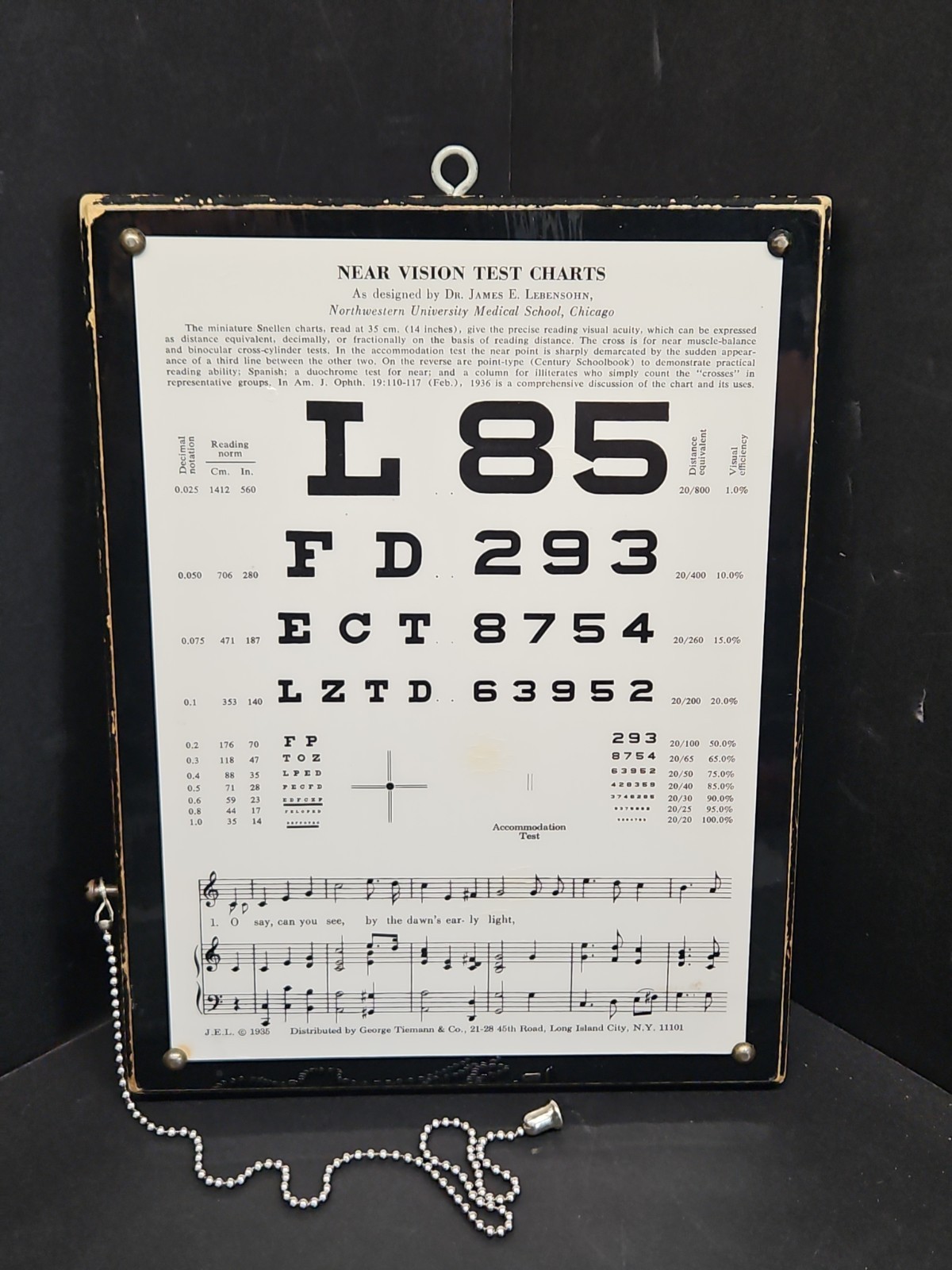 1935 Near Vision Eye Test Chart Dr James Lebensohn Double Sided Antique GUC L85