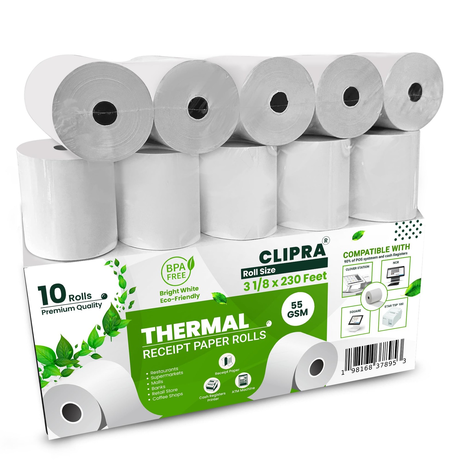 CLIPRA 3 1/8 x 230 Thermal Paper Receipt Rolls 10 PACK USA Based Brand 55 GSM...