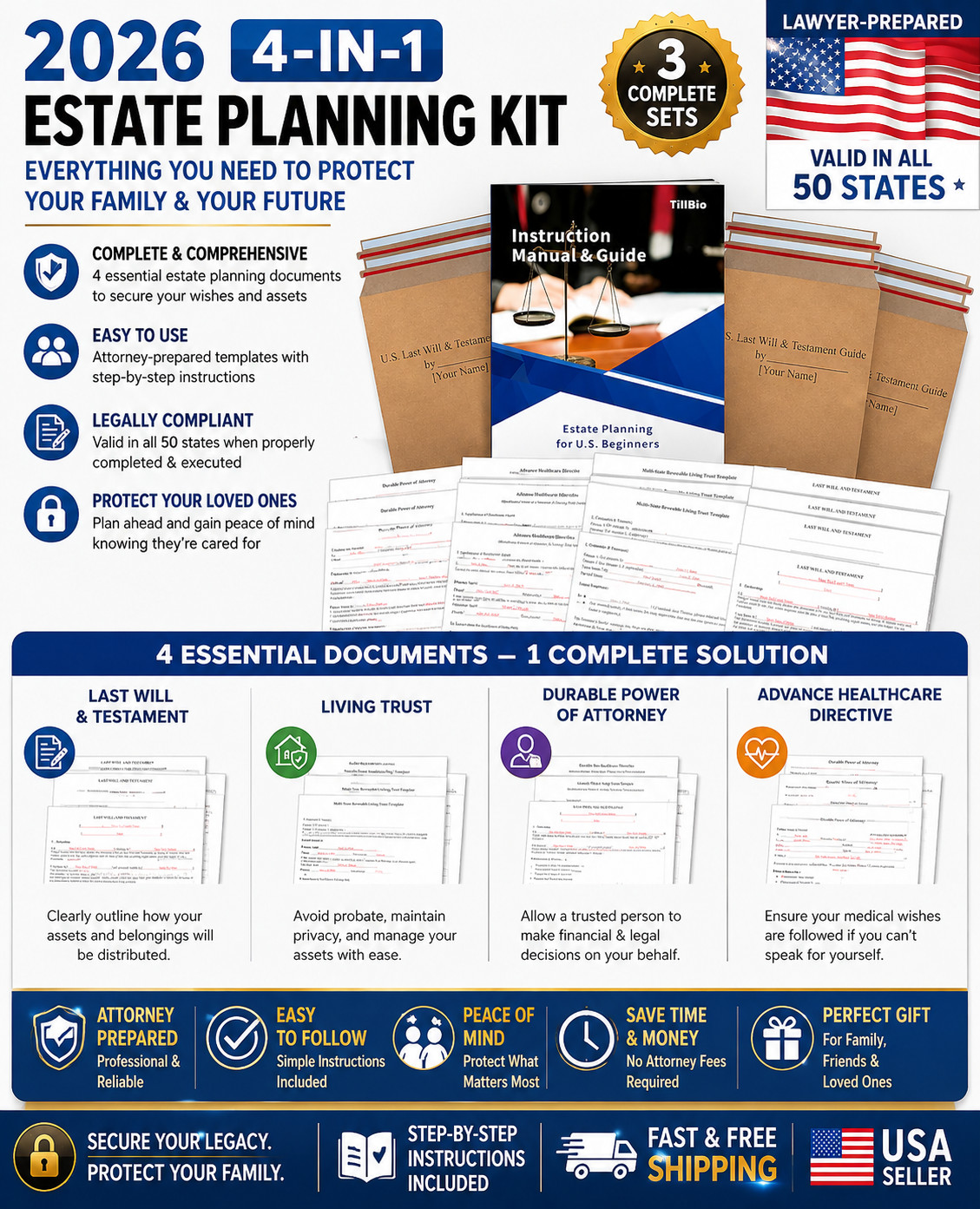 2026 4-In-1 Estate Planning Kit – Includes Last Will, Living Trust & Power of At