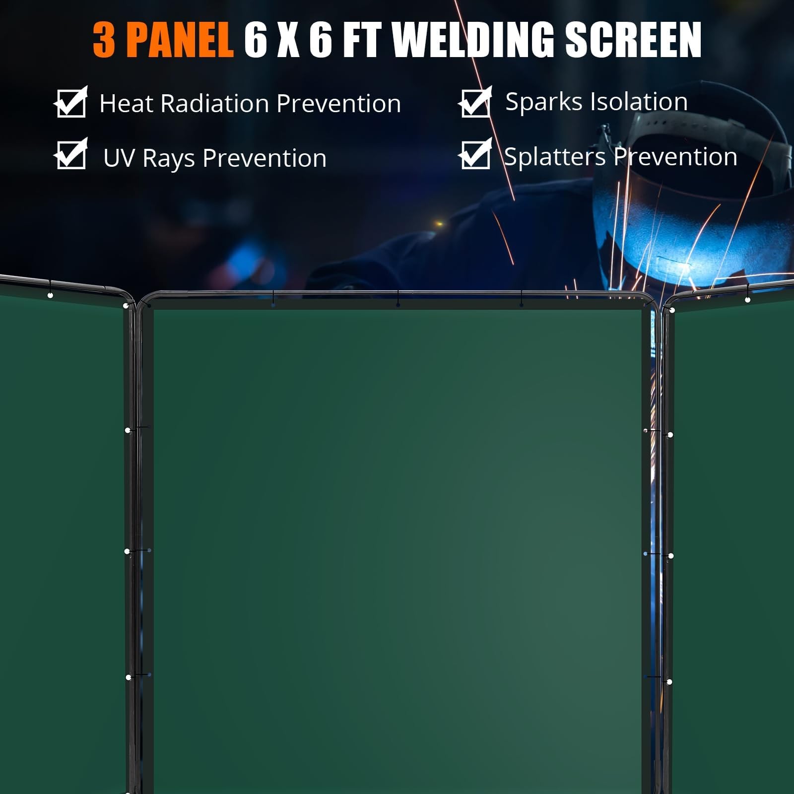 6x6FT/6x8FT Flame-Resistant 3-Panel Welding Screen w/Frame Safety Curtain Caster
