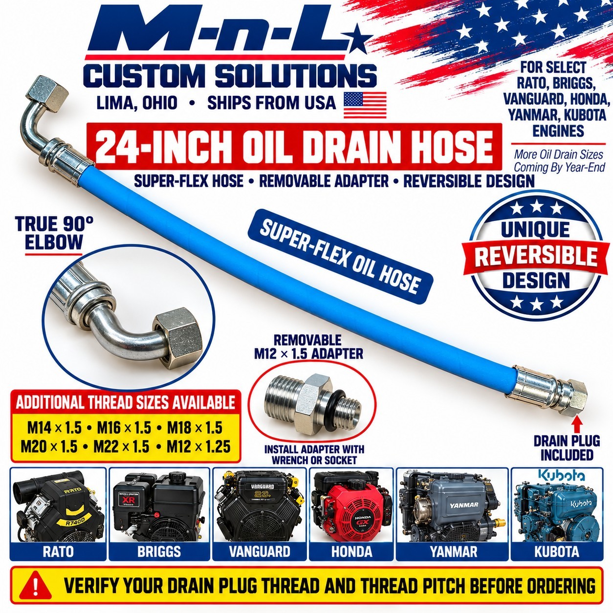 Chinese Mini Excavator Skid Steer Oil Drain Hose M12x1.5 24in 90° RATO Briggs