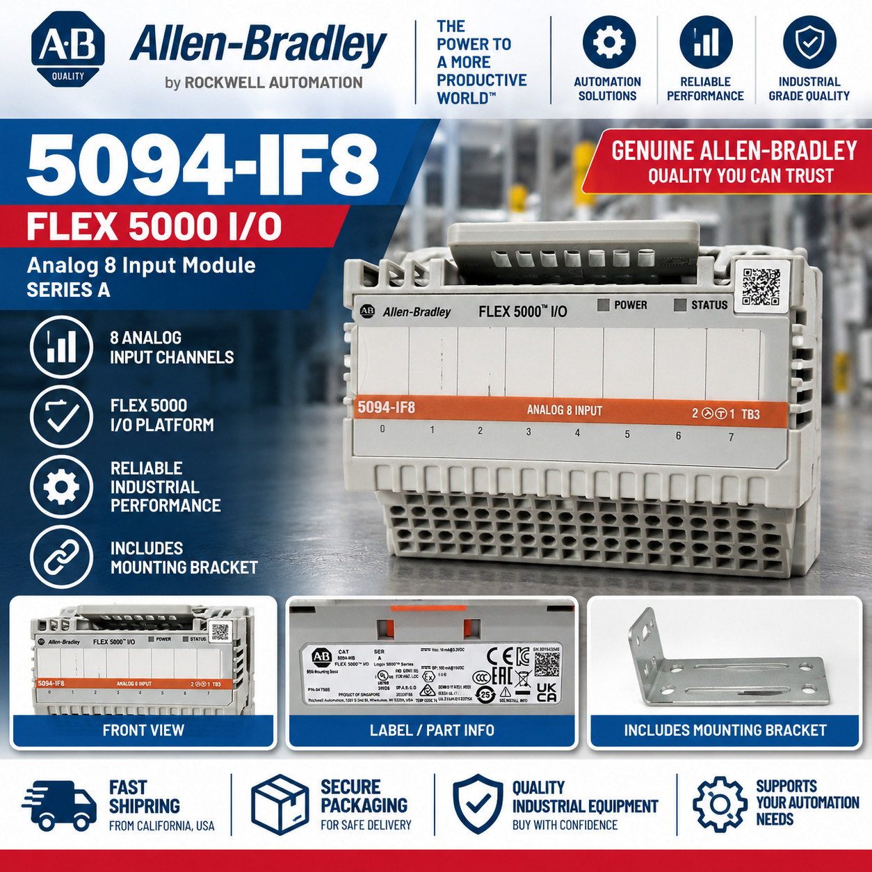 Allen Bradley 5094-IF8 Ser A Flex 5000 Input Module W/Mounting Bracket
