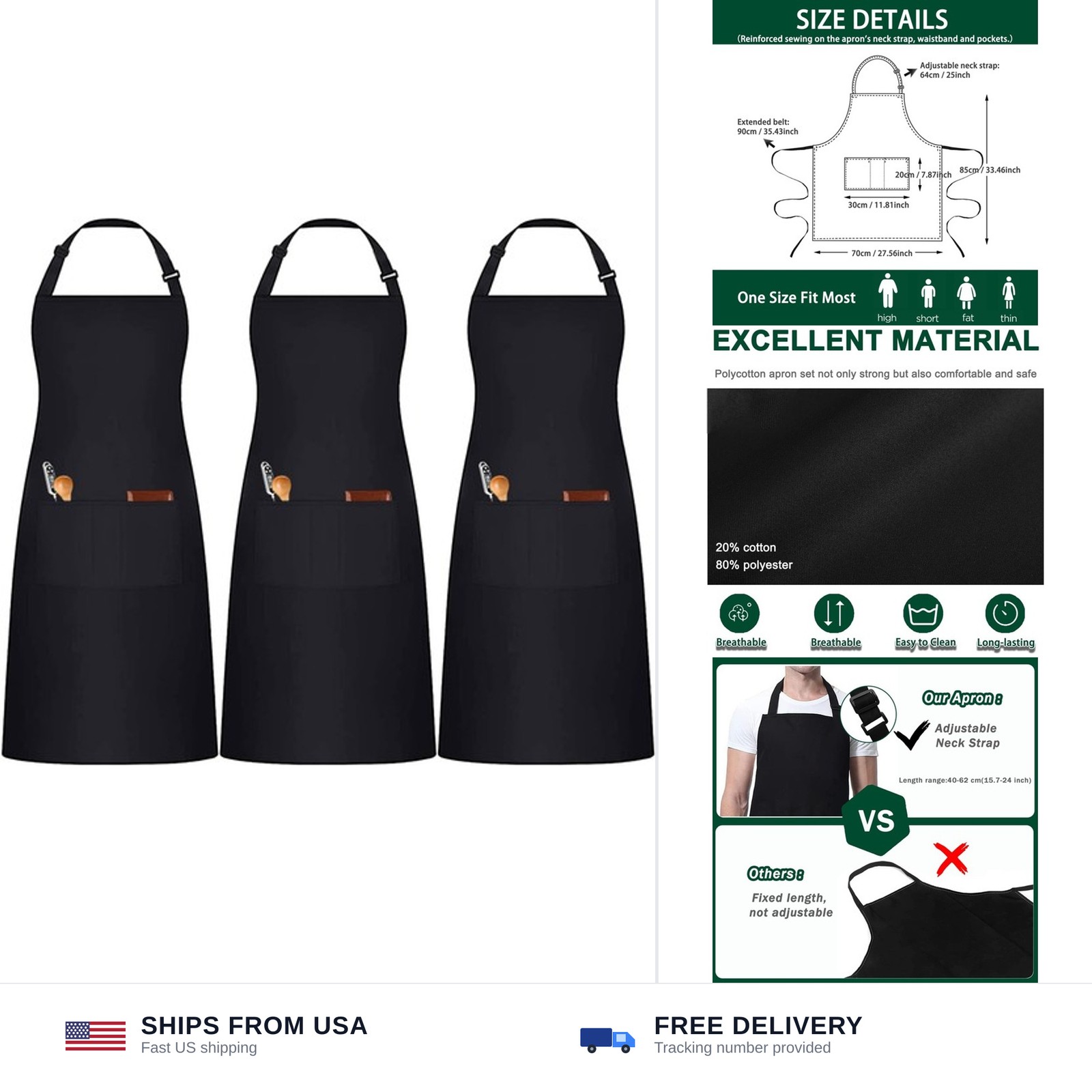 3 Pack Black White Adjustable Chef Apron with Pockets Polycotton XL Unisex