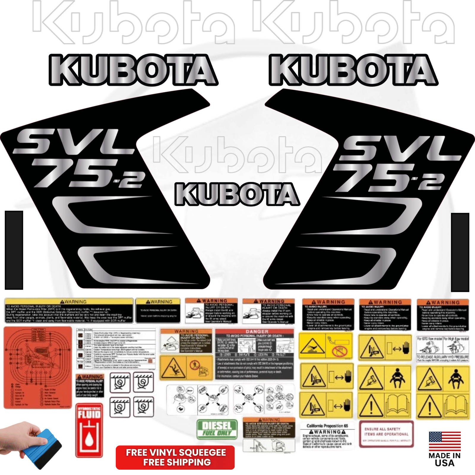 Fits Kubota SVL75-2 Complete Decal Kit Skid Steer Stickers - Black Version