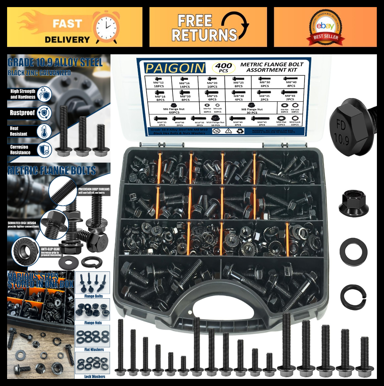 400pcs Metric Flange Bolt Kit - M6, M8, M10 Hex Bolts & Nuts, Washers, 10.9 Grad