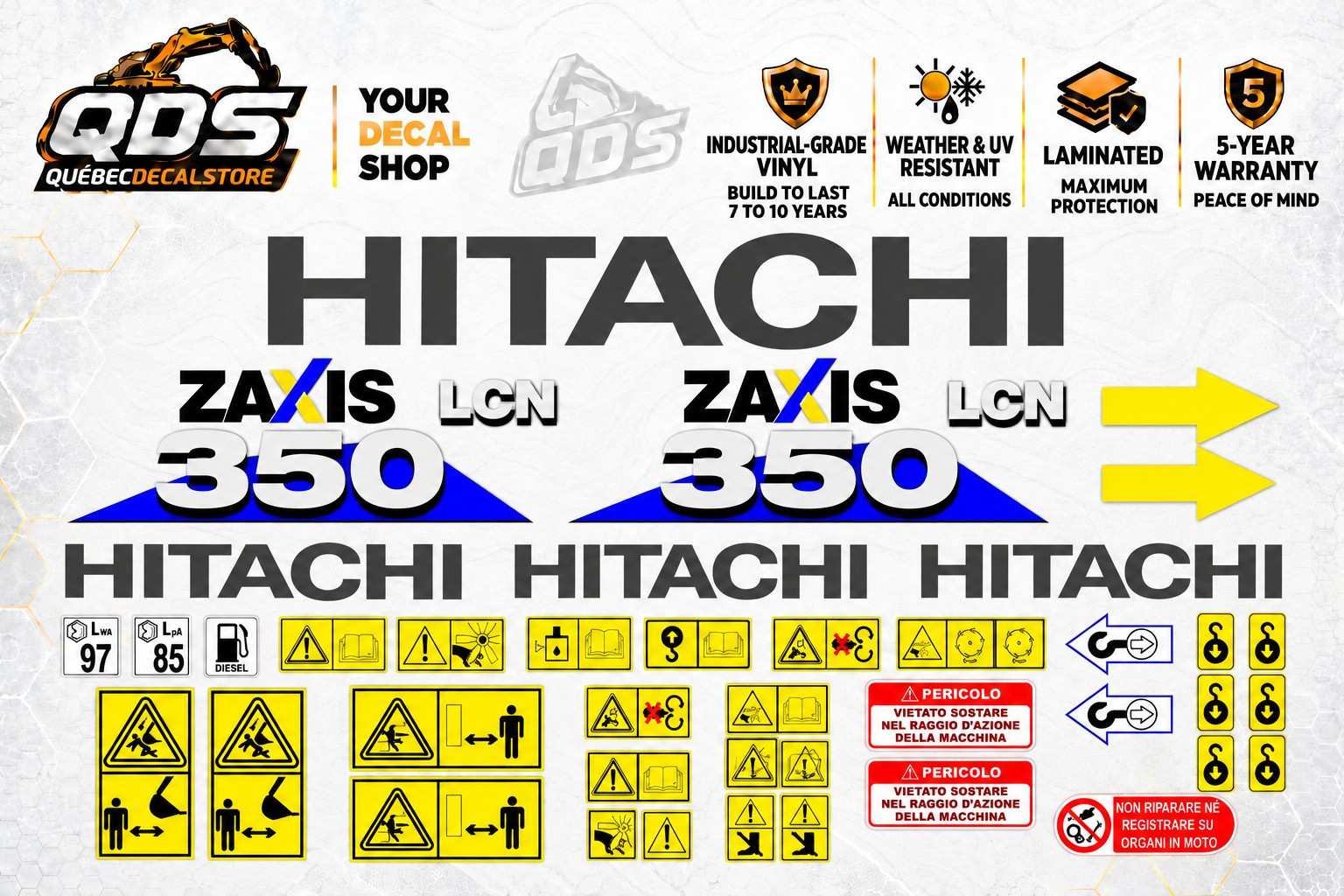Fits Hitachi Zaxis 350 LCN Excavator Decal Kit Safety Labels Laminated Vinyl