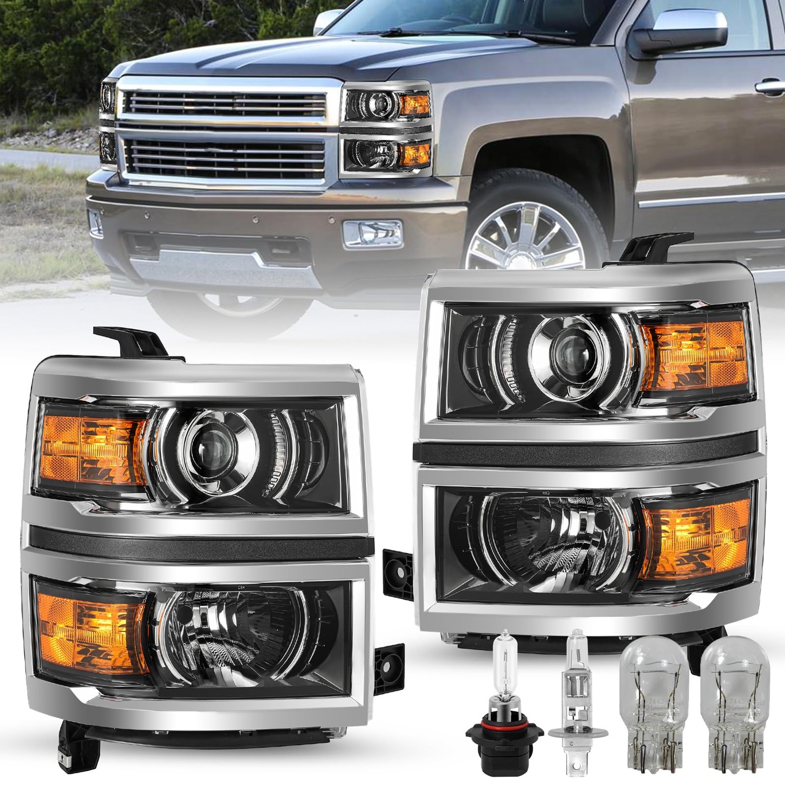 Projector Halogen Headlights Fit for 2014 2015 Chevy Silverado 1500