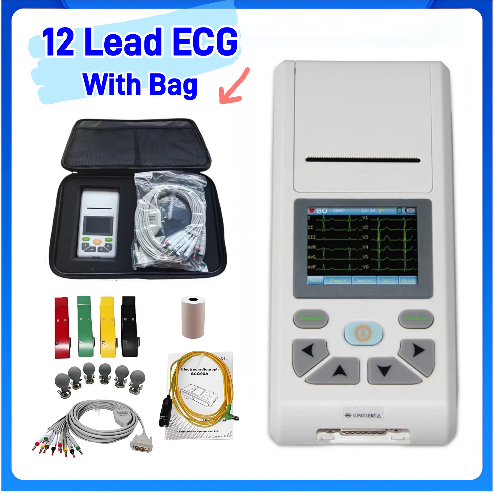 US Warehouse ECG90A 12 Lead Electrocardiograph , ECG Machine with PC Software