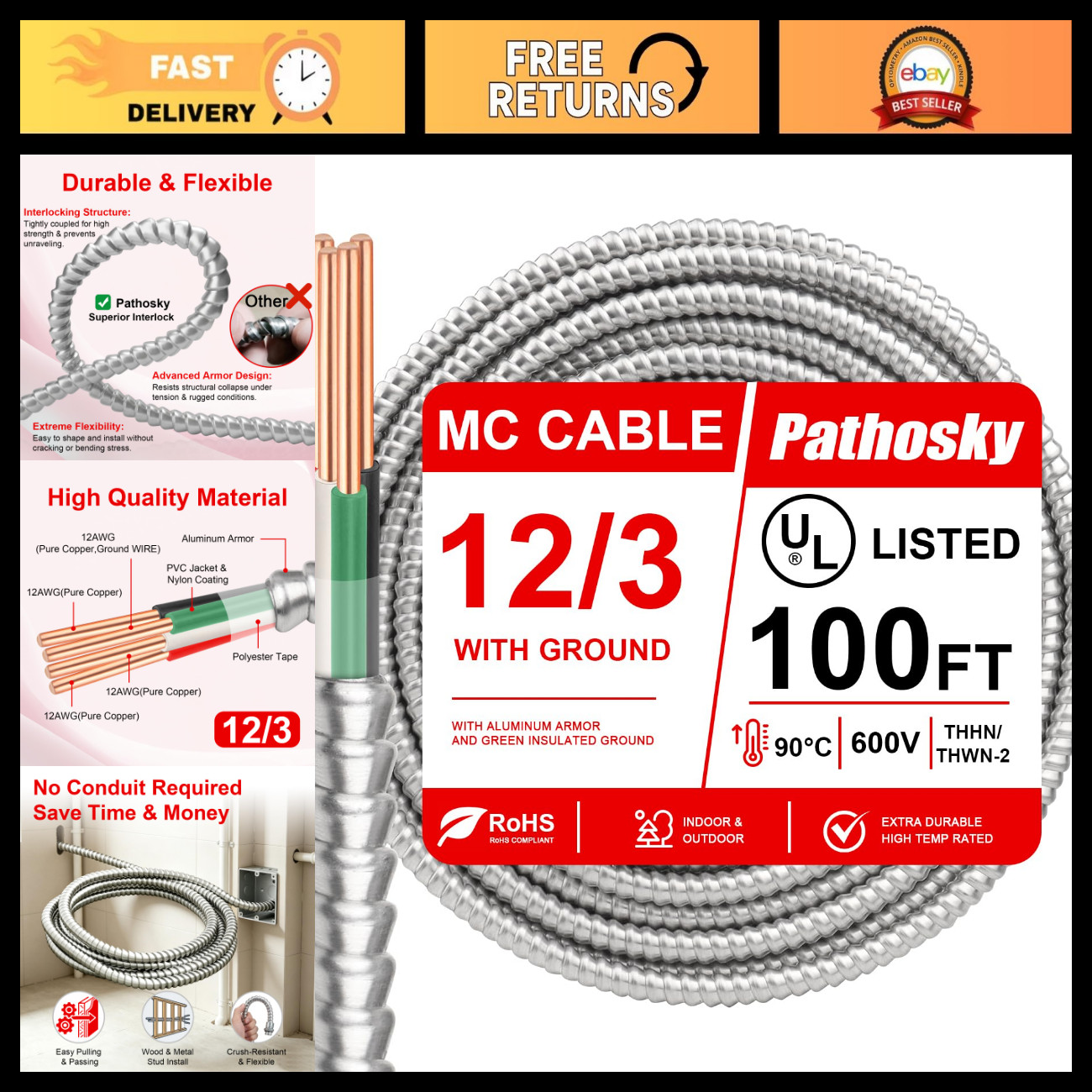 100FT 12/3 MC Cable - Metal Clad Electrical Wire, 12 AWG Copper, Aluminum Armor,
