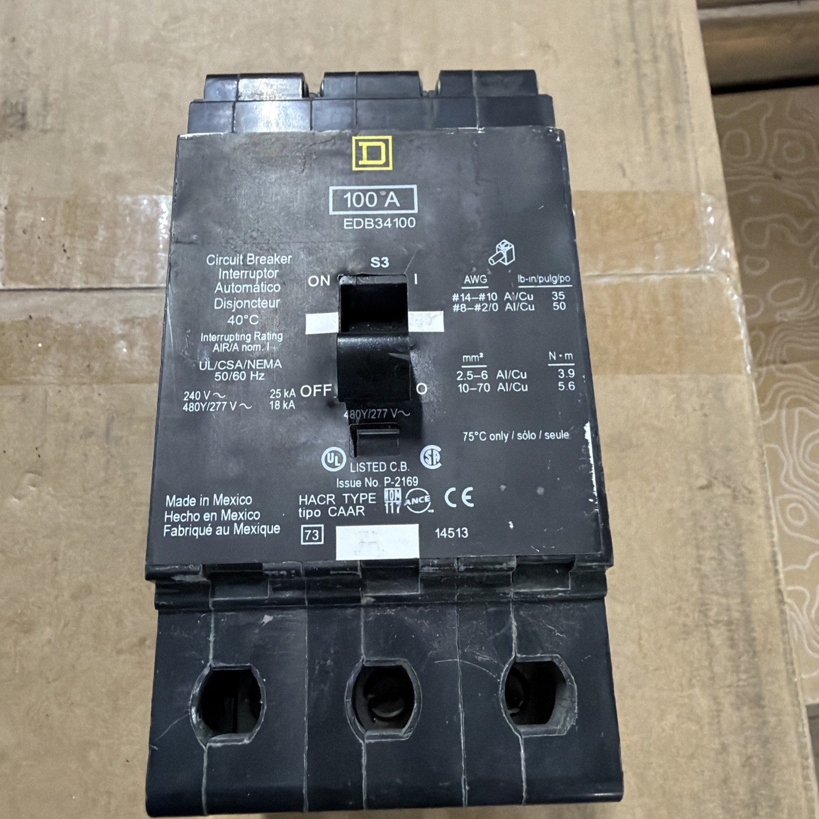 Barely Used  Nice Square D EDB34100 100Amp 3 Pole Circuit Breaker